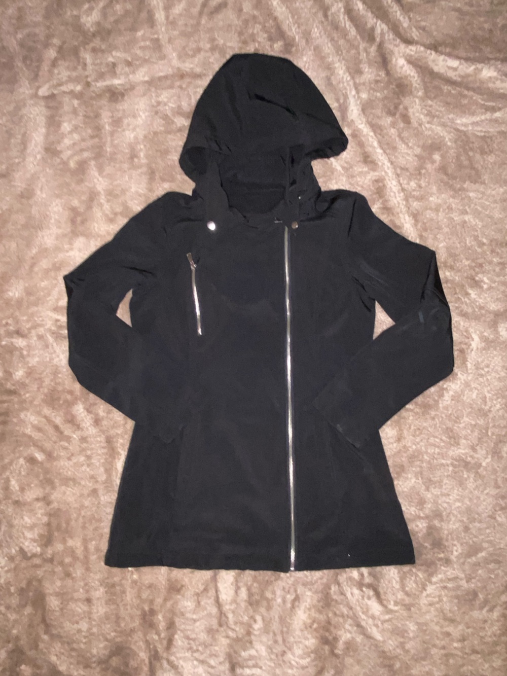 Covington Black Hooded Asymmetrical Zip Trench Coat